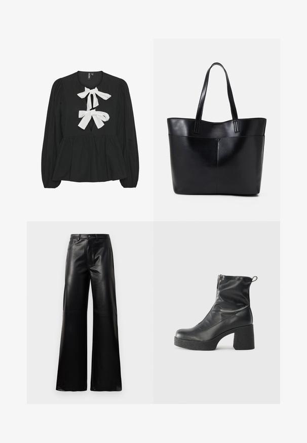 Black top with a pleated design, featuring long puff sleeves and two white bow ties at the neckline. Soft fabric and open front detail.; Black high-waist wide-leg faux leather pants with front button, zip closure, belt loops, and side pockets on white background.; Black ankle boots made of smooth leather, featuring a side zipper, chunky textured heel, and rounded toe design.; Black leather tote bag with two long handles, a smooth texture, and a structured shape. Features a front pocket for additional storage.