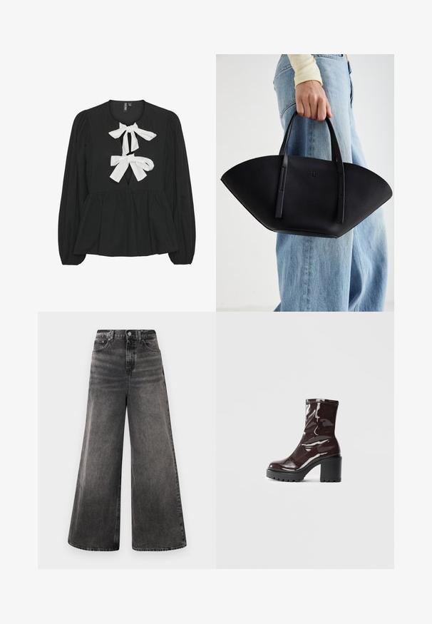 Top negro con un diseño plisado, que presenta mangas largas abullonadas y dos lazos blancos en el escote. Tejido suave y detalle de abertura frontal.; Jeans de mezclilla negros de pierna ancha con un lavado deslavado, diseño de cinco bolsillos y cierre de botón en la cintura, con acentos cosidos.; Botín burdeos brillante hasta el tobillo con un tacón negro grueso, que presenta una textura suave y un diseño sencillo. Sin cierres ni patrones visibles.; Bolso de mano de cuero negro con una forma de abanico única, que cuenta con asas planas. La superficie tiene una textura de grano y un diseño minimalista.