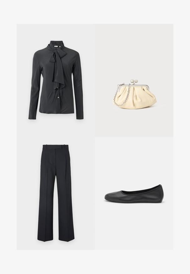 Tummanharmaa paita, jossa on sidottu kauluspanta, pitkät hihat ja nappisuljenta. Valmistettu sileästä kankaasta, jossa on hieno kiilto.; Tummansiniset raidalliset housut, joissa on korkea vyötärö, leveät lahkeet ja ei näkyviä metalliosia tai koristeita. Sileä pinta ja räätälöity istuvuus.; Musta nahkainen ballerina, jossa on pyöristetty kärki, sileä pinta, minimaalinen ommelkoristelu ja joustava pohjamuotoilu.; Beige nahkaista kassi, jossa on laskostus ja hopeinen metallirunko, kaksi pyöreää koristeellista solkea sekä hopeaketjuolkayh.