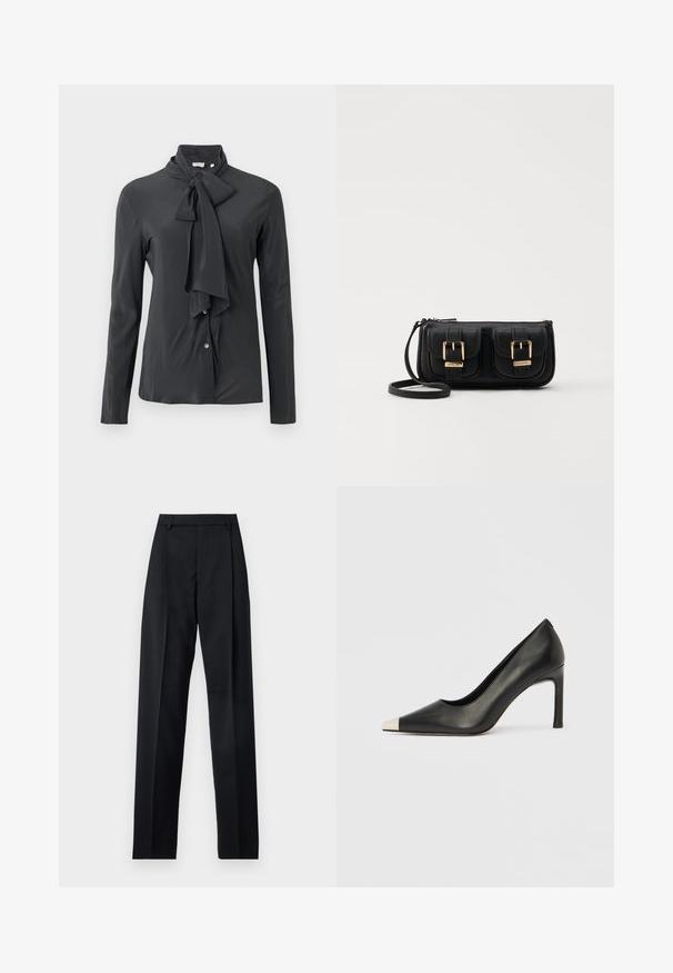 Tumehall blouse on riietatud kaelusega, pikkae varrukatega ja nööpide sulgemisega ees. Valmistatud sileda kanga materjalist, millel on kerge läige.; Mustad püksid siledast kangast, millel on kõrge vöökoht, laiad jalad, esimesed kortsud ja klassikalised vööloopid. Küljepockets pole nähtavad.; Mustast nahast kõrge kontsaga king terava varba ja metallik hõbedase otsikuga. Iseloomustab sile viimistlus ja sihvakas 10 cm konts.; Must küllastamata nahast õlakott, millel on kaks esist nähtavat taskut, kuldsed pandlad, tõmblukuga sulgemine ja peen rihm. Tekstuuriga pind ja kompaktne ristkülikukujuline kuju.