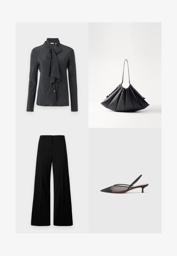 Dark grey blouse with a tied neck collar, long sleeves, and button front closure. Made of smooth fabric with a slight sheen.; Black wide-leg trousers featuring a smooth texture, structured waistband, and front pleats. Minimalist design with no visible hardware.; NEOUS IRENA - Classic heels - black; Black pleated handbag made of smooth leather, featuring a single handle, gold accents, and a geometrically structured shape.