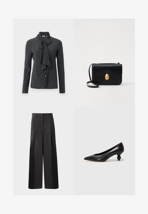 Tamsiai pilka bliuska su rišamu kaklo apykakle, ilgomis rankovėmis ir mygtukų uždarymu. Pagaminta iš lygaus audinio su švelniu blizgesiu.; Juodos plačios kelnės su aukštu liemeniu, su priekinėmis raukšlėmis, glotnia tekstūra ir pritaikytu apdailos stiliumi. Sukurtos laisvam sėdėjimui.; Juoda odinė aukštakulnė bateliai su smailiu pirštu ir apvaliu, iškiliu kulnu. Lygus paviršius su elegantišku, minimalistiniu dizainu.; Juodas odinis rankinukas su struktūrine stačiakampio forma. Yra auksinė ovali sagtis ir plona petneša. Glotni tekstūra.