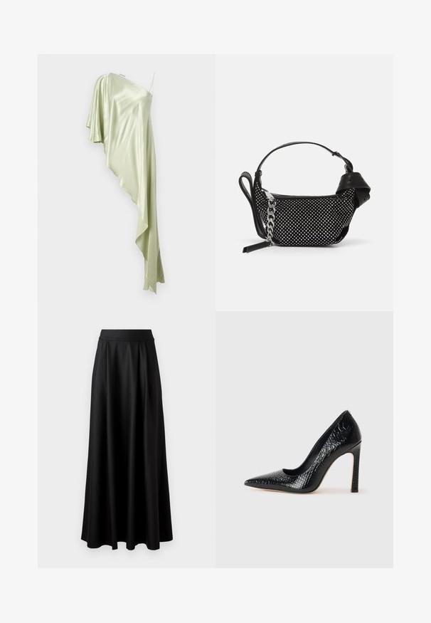 Abito monospalla in satin verde chiaro, caratterizzato da un design drappeggiato e asimmetrico e tessuto morbido e fluido.; Gonna nera lunga fino al pavimento con una texture liscia, vita alta ampia e design plissè, priva di motivi visibili o decorazioni.; Scarpa nera con punta a punta alta in pelle di coccodrillo, caratterizzata da un design elegante, alto tacco a spillo e interno nero liscio.; Borsa nera con decorazioni a borchie, una tracolla a catena e un manico in pelle liscia, dalla forma rotonda e con scomparto con zip.