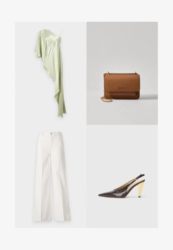 En-ryggsdrakt i lys grønn sateng, med en drapert, asymmetrisk design og myk, flytende stoff.; Hvite vide bukser laget av bomull med en glatt tekstur. Har en frontknapp, glidelåsgylf og fire lommer.; Spenne-punktet hæl i mørkebrun, blank faux krokodillelær. Har en gullfarge geometrisk hæl og justerbar ankelstropp.; Brun teksturert lær crossover-veske med gullkjede-stropp og klaffelukking. Fronten har logo-detalj og en lomme under klaffen.