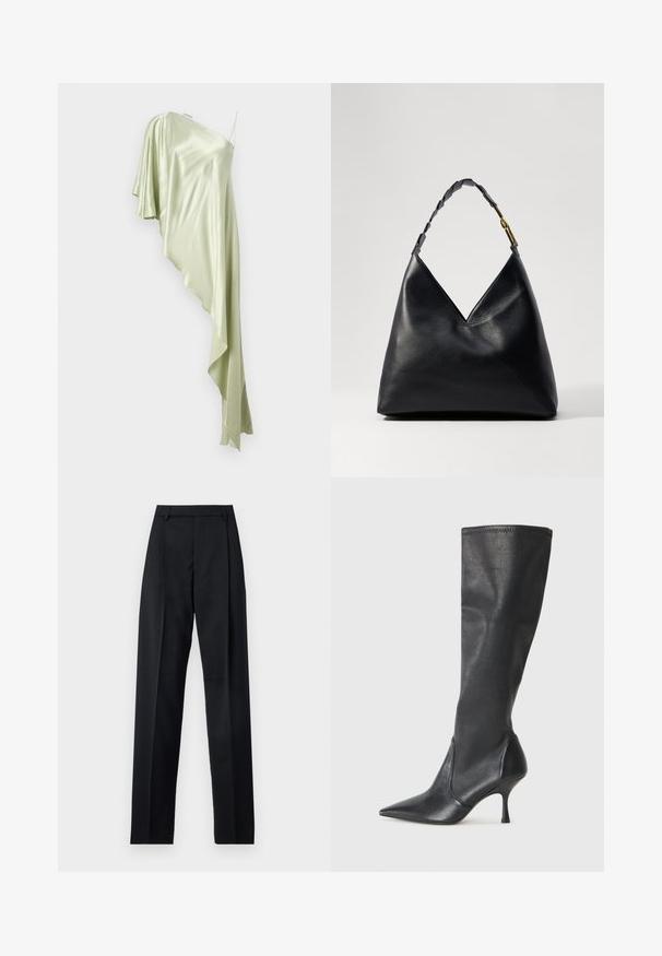 En axelklänning i ljusgrön satin, med en draperad, asymmetrisk design och mjukt, flödande tyg.; Svarta byxor i mjukt tyg med hög midja, vida ben, framfickor och klassiska bältesöglor. Inga sidofickor synliga.; Knähöga svarta läderstövlar med spetsig tå och smal stilettklack. Slät textur med en åtsittande design och sömnad vid övre kanten.; Svart läderväska med triangulär design, med ett flätat handtag och detaljer i guld. Slät yta och strukturerad form.