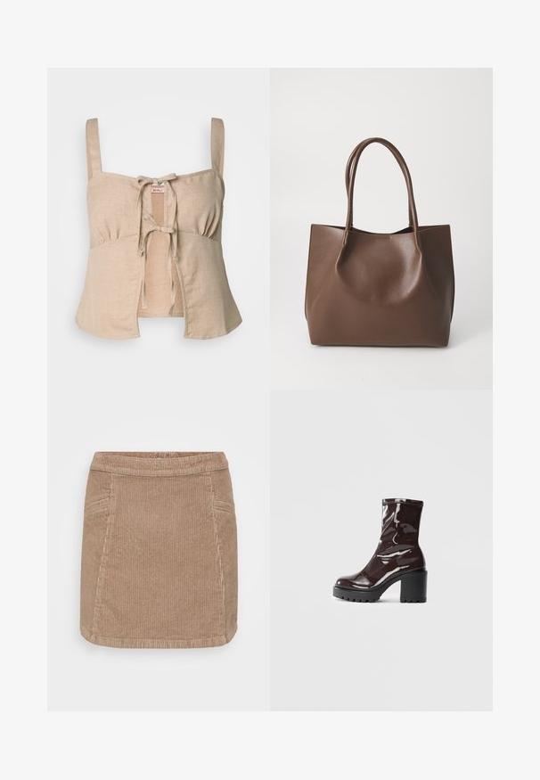 Top recortado de lino beige con tirantes finos y cierre frontal con nudos. Presenta detalles fruncidos y un dobladillo acampanado. Textura suave.; Falda de pana en un color marrón claro. Cuenta con una cintura ajustada, textura acanalada vertical y dos bolsillos laterales. Longitud hasta medio muslo.; Botín burdeos brillante hasta el tobillo con un tacón negro grueso, que presenta una textura suave y un diseño sencillo. Sin cierres ni patrones visibles.; Bolso tote de cuero marrón con dos asas largas, forma estructurada, textura suave y diseño minimalista. Sin herrajes o acentos visibles.