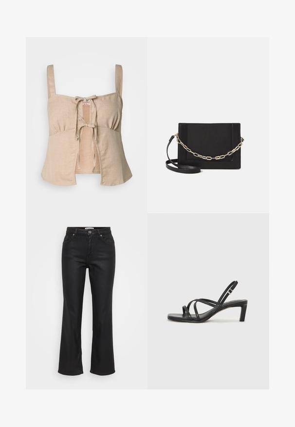 Smėlio spalvos lino trumpas viršus su plonomis petnešomis ir priekiniu užsegimu. Yra raukšlių detalės ir išplatintas apdailos kraštas. Lygi tekstūra.; Juoda plačių džinsų kelnės pagamintos iš džinsinio audinio, su priekinėmis sagų uždarymo, penkiais kišenėmis ir lygia, šiek tiek blizgia tekstūra.; Juodi šlepetės su kvadratiniu pirštu ir žemu bloku kulnu. Yra keli ploni dirželiai ir reguliuojamas kulkšnies diržas. Pagaminti iš lygios odos.; Juodas odinis per petį nešiojamas krepšys turi lygų paviršių, stačiakampio formą ir metalinę grandinėlę priekyje. Pridedama reguliuojama dirželis.