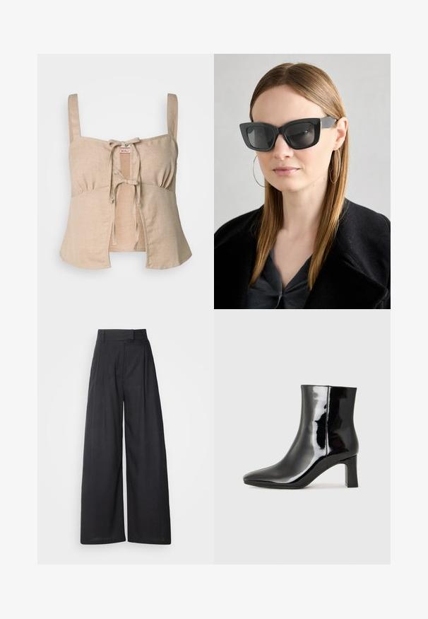 Beige linnen crop top met dunne bandjes en een sluiting met een strik aan de voorkant. Voorzien van geplooide details en een uitlopende zoom. Soepele textuur.; Donker, wijde broeken met een gestructureerde tailleband en plooien. Gemaakt van lichte stof, met een gladde textuur en zonder zichtbare patronen.; Zwarte gepolijste leren enkellaars met een spitse neus en een blokhak van gemiddelde hoogte. Glad textuur en minimalistisch ontwerp.; Zwarte cat-eye zonnebril met donkere lenzen, dikke monturen en subtiele accenten. Draagt een zwarte jas en een grijze top, met lang stijl haar.