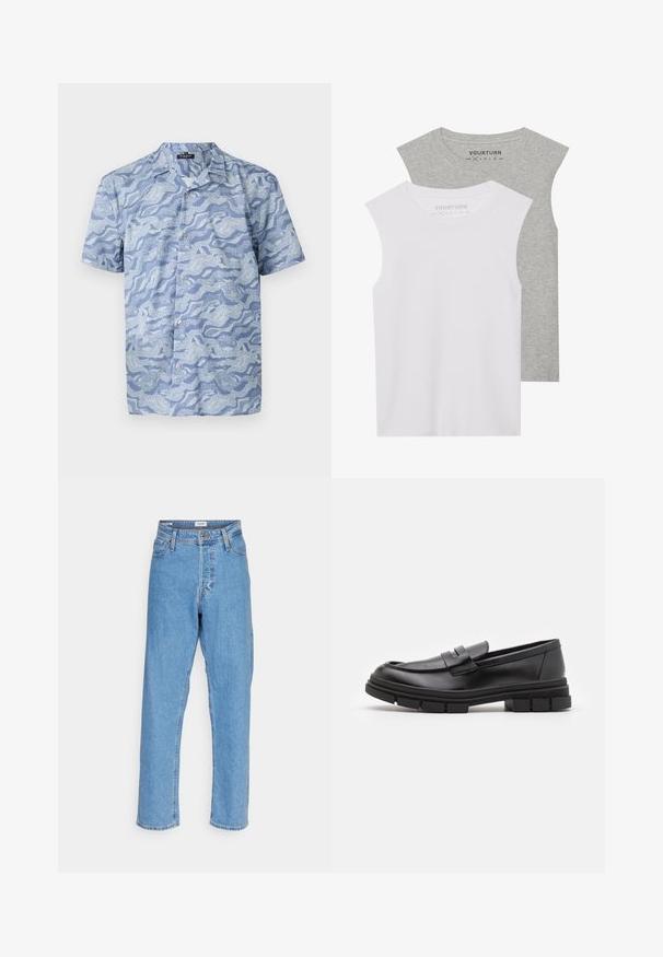 Košile s krátkým rukávem v světle modré barvě se vzorem vln. Vyrobena z měkkého materiálu, s knoflíkovým zapínáním a límcem ve stylu kempu.; Dvě bezramínková trička: jedno bílé a druhé světle šedé. Obě mají hladký, přiléhavý střih s kulatým výstřihem. Na štítku je nápis "YOURTURN."; Světle modré džínové kalhoty s vysokým pasem, rovnými nohavicemi, zapínáním na přední knoflík a zip, poutky na opasek a pěti kapsami na bílém pozadí.; Černé kožené mokasíny s hladkým povrchem, se zapínáním vpředu a masivní gumovou podrážkou se vroubkovanými detaily.