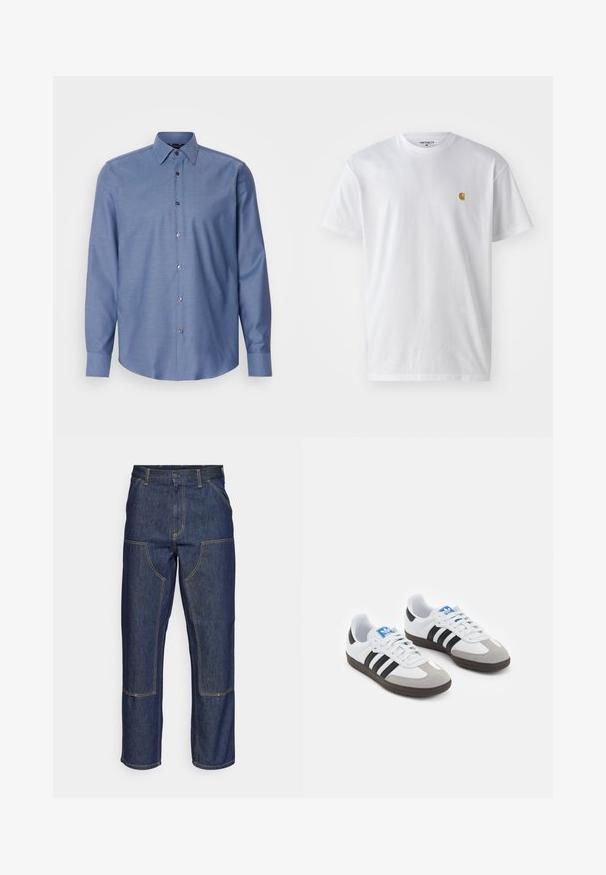 Lichtblauw overhemd met een normale kraag, lange mouwen en een klein, gestructureerd patroon. Voorzien van bruine knopen aan de voorkant.; Witte katoenen t-shirt met korte mouwen en ronde hals, voorzien van een klein gouden logo op de linkerkant van de borst. Zachte textuur en een normale pasvorm.; Donkerblauwe denim jeans met een hoge taille, rechte pijpen, contrasterende stiksels en opgestikte zakken aan de voorkant.; Sportschoenen met een witte leren bovenkant, grijze suède neus en drie zwarte strepen. Bevat een blauw logo op de tong en een gestructureerde rubberen zool.