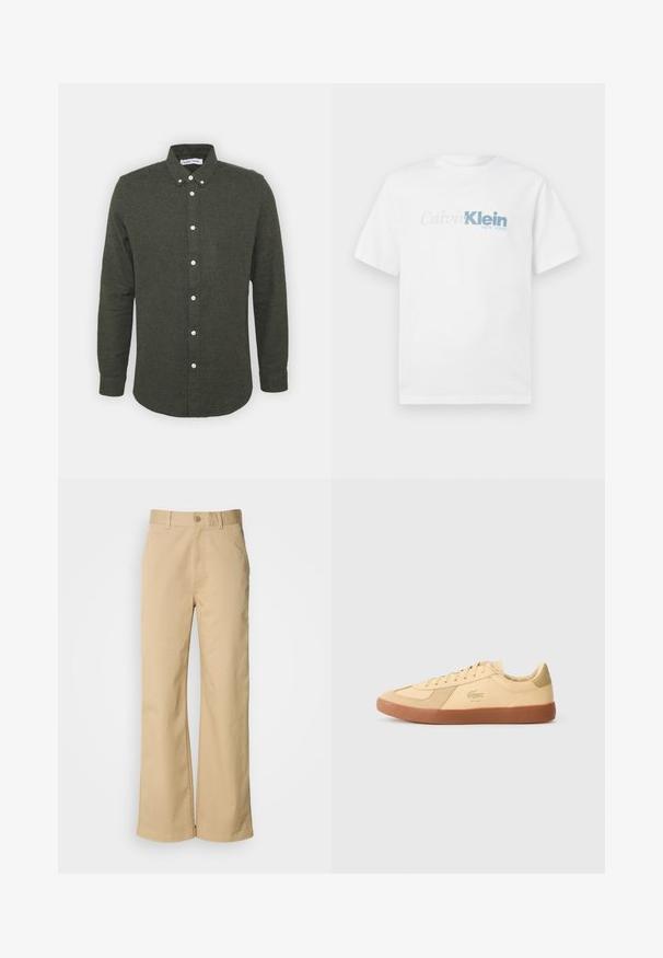 Dark green button-up shirt with a collar, long sleeves, and white buttons. Soft, textured fabric with a slightly curved hem.; White short-sleeve T-shirt with "Calvin Klein New York" logo in light gray and blue centered on the front.; Beige, wide-leg pants made from a cotton blend. Features a button closure and belt loops. Smooth texture, with minimal stitching details.; Lacoste sneakers in pale yellow leather, featuring a gum rubber sole, lace-up design, and iconic logo. Suede accents on toe and heel.