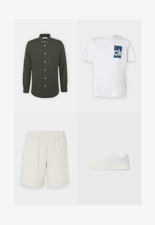 Camisa de botones de color verde oscuro con cuello, mangas largas y botones blancos. Tejido suave y texturizado con un dobladillo ligeramente curvado.; Camiseta de algodón blanca con un bolsillo rectangular azul que presenta el logo "ck" en blanco y detalles en texto. Mangas cortas, cuello redondo, ajuste regular.; Pantalones cortos a rayas con un tejido ligero y transpirable. Color blanco sucio con finas rayas verticales en gris. Cintura elástica.; Zapatilla blanca con parte superior de sintético suave, punta redonda y suela blanca plana. Presenta costuras tonales y un branding minimalista en el costado.