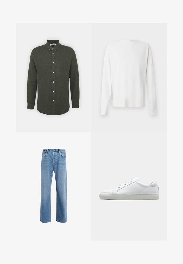 Chemise boutonnée vert foncé avec un col, des manches longues et des boutons blancs. Tissu doux et texturé avec un ourlet légèrement arrondi.; Chemise en coton blanc à manches longues avec un col rond, fentes latérales en bas et une texture lisse, présentée de dos.; Jeans en denim bleu clair avec une coupe droite, cinq poches, fermeture à bouton, peu d'usure et des détails de couture contrastés.; Sneaker blanche avec une tige en cuir lisse et un profil bas. Présente un bout arrondi, six œillets et une semelle en caoutchouc texturé.