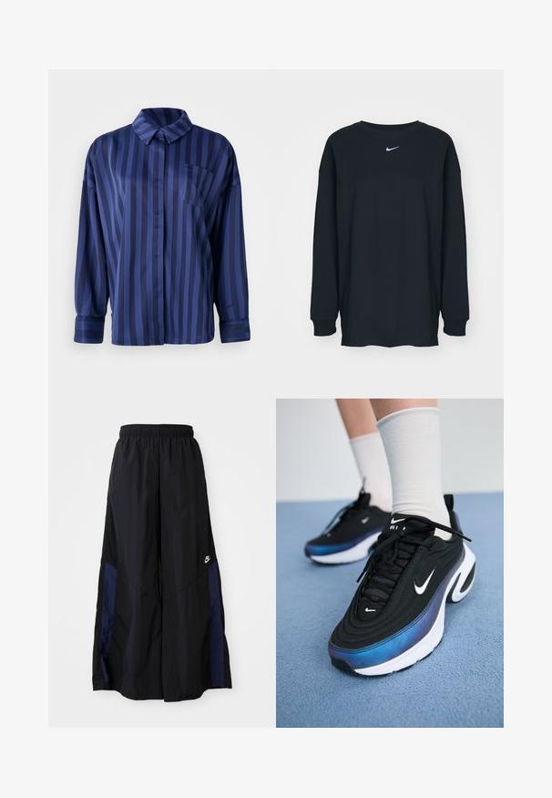 Mørkeblåstripet skjorte med krage, brystlomme og lange ermer. Laget av et glatt, blankt stoff med en løs passform.; Svart langermet T-skjorte laget av bomull med rund hals. Har en hvit Nike-logo på brystet. Myk tekstur, enkelt design.; Svarte vide bukser laget av lett stoff, med et marineblått sidestykke og elastisk midjebånd. Liten hvit logo nederst.; Sorte Nike joggesko med en glatt stoffoverdel, med et gradientdesign fra blått til svart, hvit såle og fremtredende logoaksenter.