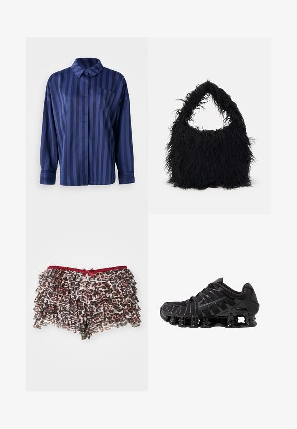 Navy blue striped shirt with a collar, chest pocket, and long sleeves. Made from a smooth, shiny fabric with a loose fit.; Floral leopard-print shorts with layered ruffles, featuring a red lace waistband and a small bow accent in front.; Black athletic shoe with mesh upper and glossy overlays. Features curved coil cushioning and textured lines on the side. Nike logo visible.; Even&Odd Tote bag - black