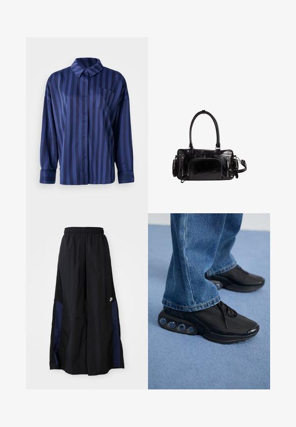 Navyblaue gestreifte Bluse mit Kragen, Brusttasche und langen Ärmeln. Hergestellt aus einem glatten, glänzenden Stoff mit lockerer Passform.; Schwarze weit geschnittene Hose aus leichtem Stoff, mit einem dunkelblauen Seitenpanel und einem elastischen Bund. Kleines weißes Logo am unteren Ende.; Schwarze sportschuhe mit atmungsaktivem Mesh-Obermaterial, strukturierten Akzenten und sichtbaren Luftpolstern in der Sohle. Getragen mit blauen Jeans.; Schwarze Lederhandtasche mit zwei oberen Griffen und abnehmbarem Schultergurt. Verfügt über mehrere Reißverschlusstaschen und eine glatte, glänzende Oberfläche.