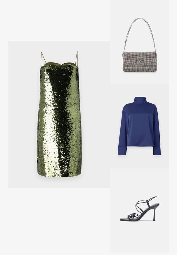Marineblaues Langarmoberteil mit hohem Stehkragen. Hergestellt aus glattem Stoff, verfügt über Raglanärmel und umgekrempelte Säume. Schlichtes, unverschnörkeltes Design.; Grünes Paillettenkleid mit geradem Schnitt, dünnen verstellbaren Trägern, einem reflektierenden Material und einer schlanken Silhouette.; Schwarze, hochhackige Sandalen mit dünnen Riemen und einem geknoteten Design, einer glatten, rechteckigen Zehenpartie und einem eleganten Stiletto-Absatz.; Hellegraue metallische Handtasche mit einer Kettenriemen, verziert mit kleinen kreisförmigen metallic Nieten und einem dreieckigen Markenlogo.