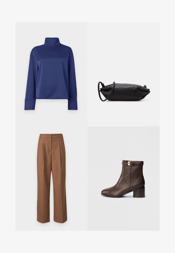 Tummansininen pitkähihaista puseroa korkealla kiinnityksellä. Valmistettu sileästä kankaasta, jossa on raglan-hihat ja käänteiset hihat. Yksinkertainen, koristelematon muotoilu.; Ruske räätälöidyt housut, joissa on korkea vyötärö, leveät lahkeet, etupleisut ja sileä pinta. Ei näkyviä taskuja tai koristeita.; Ruske kožne gležnjače s ovalnim vrhom, niskom blok petom i dekorativnim remenom s kopčom oko gležnja. Glatka tekstura i elegantan dizajn.; Musta nahkainen kukkaro, jossa on suorakaiteen muoto, sileä pinta, ohut olkahihna ja minimalistinen muotoilu.