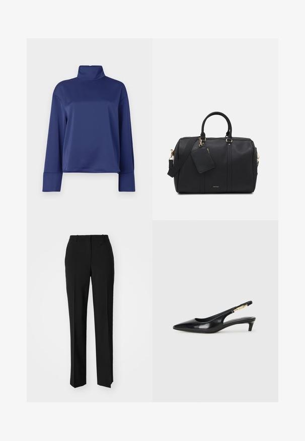 Tummansininen pitkähihaista puseroa korkealla kiinnityksellä. Valmistettu sileästä kankaasta, jossa on raglan-hihat ja käänteiset hihat. Yksinkertainen, koristelematon muotoilu.; Mustat räätälöidyt housut suoraa lahjetta, joissa on sileä pinta ja terävät taitteet edessä. Ei näkyvää metalliosaa.; Mustat nahkaiset slingback-korkokengät, joissa on terävä kärki, ohuet korot ja kultasävytteinen yksityiskohta säädettävässä hihnassa. Silkkinen pinta.; Mustat keinonahkaiset matkakassit kultaisilla yksityiskohdilla, kaksinkertaiset yläkahvat, säädettävä olkahihna ja irrotettava tagitasku.