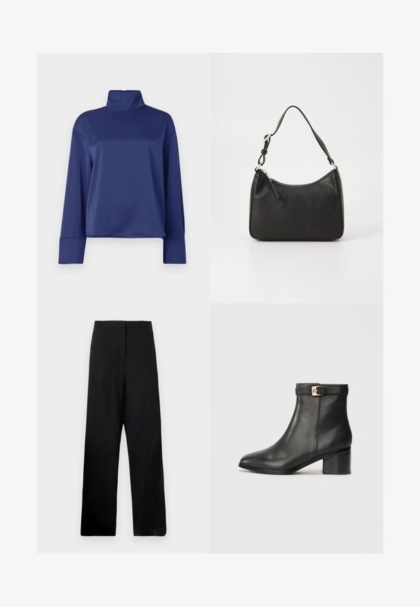 Tumši zila garenrukku blūze ar augstu apkakli. Izgatavota no gludas auduma, satur raglanu piedurknes un aproces apdari. Vienkāršs, bez rotājumiem dizains.; Melni plaši bikses, kas izgatavotas no viegla auduma. Tām ir gluda tekstūra, augsta josta un minimālas šuvju detaļas.; Melnas ādas potītes zābaki ar gludu tekstūru, noapaļota purngala forma un zelta tonī siksniņas akcenta sprādze uz potītes siksniņas. Bloku papēža dizains.; Melnas ādas rokassomu ar izliekta formu, vienu siksnu, ar rāvējslēdzēju aizdari un diskrētu zīmolu uz priekšpuses. Gluda tekstūra, minimālisma dizains.