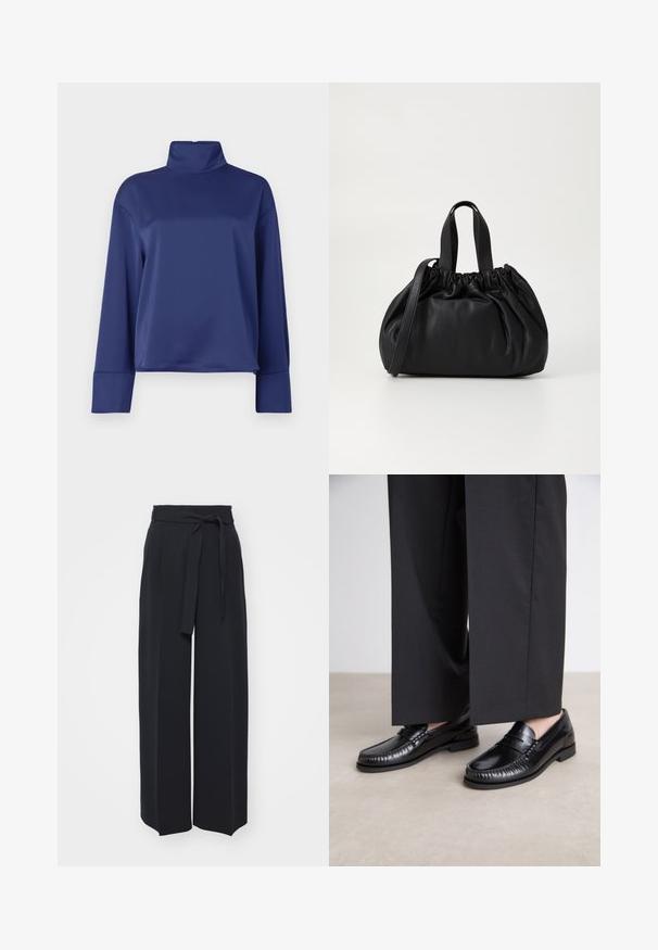 Navy blue long-sleeve top with a high mock neck. Made of smooth fabric, features raglan sleeves and cuffed hems. Simple, unembellished design.; Wide-leg black trousers made of soft fabric. Features a belted waistband and front pleats. Smooth texture with a clean, contemporary design.; Black leather loafers with a smooth finish, stitched detailing around the toe, and a low rubber sole. Paired with wide black trousers.; Black leather handbag with a gathered top design, featuring two short handles and a long adjustable strap. Smooth texture, rounded shape.