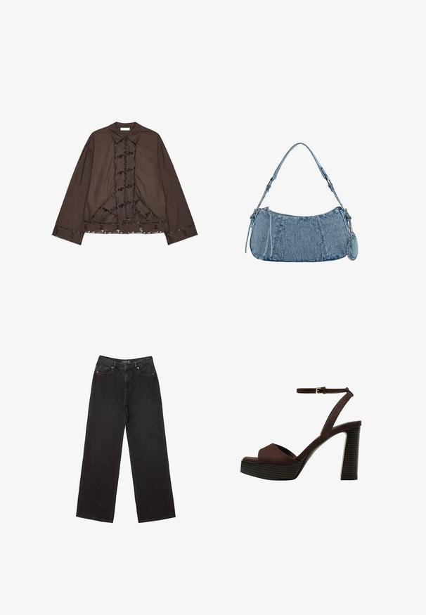 Brun långärmad skjorta i bomull med blommig spetsdetalj framtill och i nederkant. Har en klassisk krage och lös passform.; Svart vida jeans i denim, med små prickiga mönster, klassisk femfickorsdesign och stängning med knäppning och dragkedja.; Bruna mocka högklackade sandaler med öppen tå, justerbar vristrem och en randig plattformssula.; Denimhandväska med en rundad form, ljusblå färg, justerbar axelrem och en liten avtagbar ficka med metallaccenter.