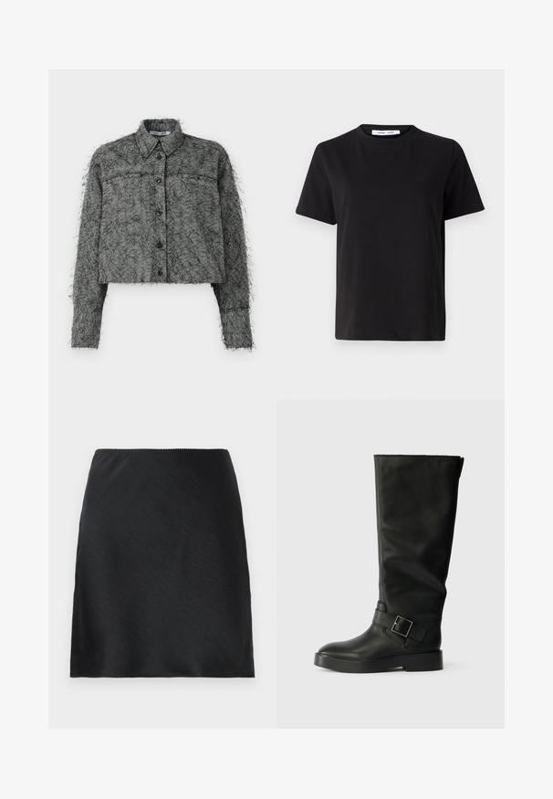 Μαύρο και γκρι κομμένο σακάκι σε σχέδιο ψαροκόκαλο με κουμπιά μπροστά, μακριά μανίκια και κλασικό γιακά, με υφή φουντωτής επιφάνειας.; Μαύρη κοντομάνικη μπλούζα φτιαγμένη από μαλακό βαμβάκι, με στρογγυλή λαιμόκοψη, άνετη εφαρμογή και απαλό υλικό. Χωρίς ορατά σχέδια ή γραφικά.; Μαύρη σατέν μίνι φούστα με απαλή υφή και κατευθείαν τελείωμα, παρουσιαζόμενη σε λευκό φόντο.; Μαύρες μπότες μέχρι το γόνατο κατασκευασμένες από λείο δέρμα, με στρογγυλή μύτη, χοντρό πάτο και οριζόντια λωρίδα με διακοσμητική αγκράφα σε ορθογώνιο σχήμα.