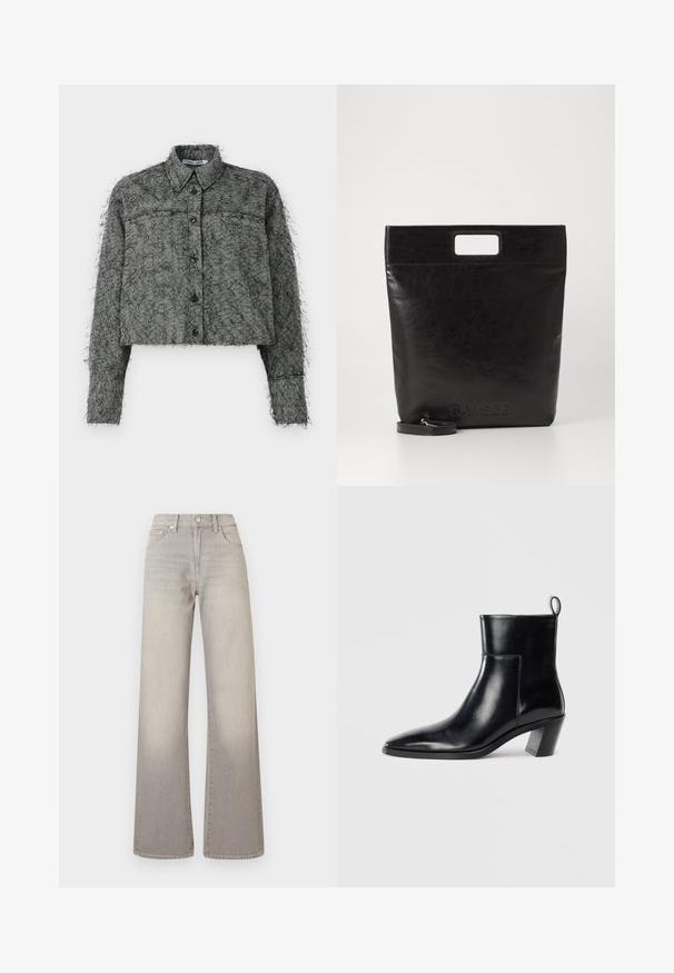 Čierna a sivá herringbonová skrátená bunda s predným zapínaním na gombíky, dlhými rukávmi a klasickým golierom, ktorý má textúrovaný chlpátý povrch.; Šedé široké džínsy s vyblednutým povrchom, zapínanie na gombík, dizajn s piatimi vreckami a prešitie pozdĺž švov.; Čierna kožená členková čižma s špicatou špičkou, geometricky tvarovaným podpätkom a pútkom na zadnej strane. Hladká textura a elegantný dizajn.; Čierna kožená taška cez rameno so štvorcovou rukoväťou, ktorá má textúrovaný povrch a embosované logo. Obsahuje odnímateľný popruh.