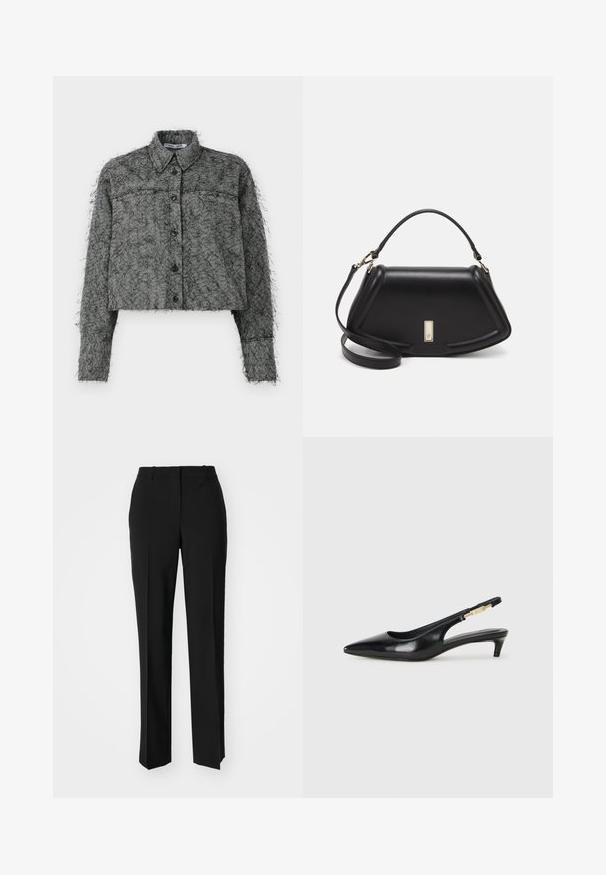 Zwart en grijs visgraat cropped jasje met knopen aan de voorkant, lange mouwen en een klassieke kraag, voorzien van een gestructureerde fuzzy afwerking.; Zwarte op maat gemaakte broek met een recht model, voorzien van een soepele textuur en scherpe plooien aan de voorkant. Geen zichtbare hardware.; Zwarte leren slingback hakken met een spitse neus, voorzien van een slanke hak en een goudkleurige accent op de verstelbare band. Gladde textuur.; Zwarte leren handtas met een gestructureerd ontwerp, featuring een verkorte vorm, bovenhandvat en gouden hardwareaccent. Inclusief verstelbare schouderband.