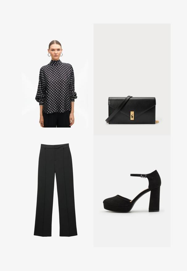 Blusa nera a pois con collo alto, maniche a palloncino e dettagli bianchi ai polsini. Tessuto liscio con una leggera lucentezza.; Pantaloni neri a vita alta, di taglio ampio, con passanti per cintura e dettaglio della cucitura frontale, presentati su uno sfondo bianco.; Scarpe con tacco a piattaforma nere in suede, dotate di un spesso tacco a blocco, punta arrotondata e cinturino alla caviglia fissato da una fibbia in metallo. Texture liscia su tutta la superficie.; Portafoglio in pelle nera con pattina a pieghe, accessori dorati, con un logo decorativo. Include una tracolla staccabile per il trasporto.