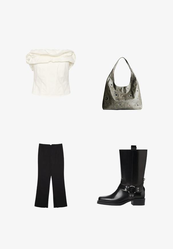 Blusa bianca off-the-shoulder con ampia scollatura drappeggiata, corposo fitted, e cuciture verticali. Realizzata in tessuto liscio con silhouette strutturata.; Pantaloni neri a gamba dritta, con tasche frontali e spacchi laterali all'orlo. Realizzati in tessuto morbido e liscio. Adatti a diverse occasioni.; Stivale in pelle nera alto fino al ginocchio con punta affusolata, dettagli in argento e tacco largo. Presenta un inserto per facilitare l'indossamento.; Borsa a tracolla in pelle verde oliva con un design morbido, caratterizzata da tagli circolari di diverse dimensioni e dettagli in tonalità più scure e più chiare.