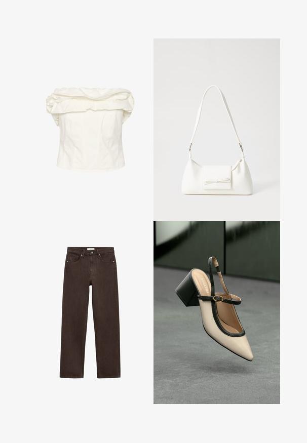 White off-the-shoulder blouse with large ruffled neckline, fitted bodice, and vertical seams. Made of smooth fabric with a structured silhouette.; Brown wide-leg jeans made from denim, featuring a classic five-pocket design, button closure, and subtle stitching details.; Beige pointed-toe slingback shoe with black trim, gold buckle, and a chunky block heel on gray floor with dark green background.; White synthetic handbag with a triangular shape, flat front flap and bow detail, adjustable strap, smooth texture, and minimalistic design.