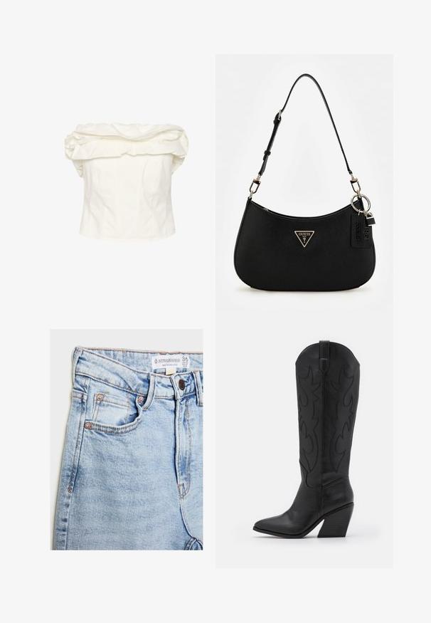 Witte off-the-shoulder blouse met grote gerimpelde halslijn, aansluitende lijfje en verticale naden. Gemaakt van een gladde stof met een gestructureerd silhouet.; Lichtblauwe denim jeans met hoge taille, vijf zakken, koperen hardware en subtiele vervaging, met een label op de tailleband.; Zwarte leren cowboylaars met een spitse neus, een taps toelopende gestapelde hak en decoratieve stiksels aan de zijkanten.; Zwarte synthetische schoudertas met een gebogen silhouet, textuurafwerking, gouden driehoeklogo en afneembare hardwareaccenten.