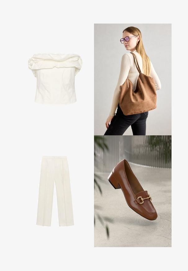 Biela blúzka bez ramienok s veľkým riaseným výstrihom, priliehavým telom a vertikálnymi švami. Vyrobená z hladkej látky so štruktúrovaným strihom.; Široké nohavice vo svetlej krémovej farbe. Vyrobené z hladkej látky s skladmi vpredu a bočnými vreckami.; Hnedé lakované kožené loafers s hranatou špičkou, kovovým reťazovým akcentom a nízkym blokovým podpätkom; hladká textúra, minimalistický dizajn.; Hnedá semišová taška na rameno s mäkkou textúrou, veľkým otvorom a dlhými popruhmi. Má jednoduchý dizajn s viditeľným šitím a bez kovových prvkov.