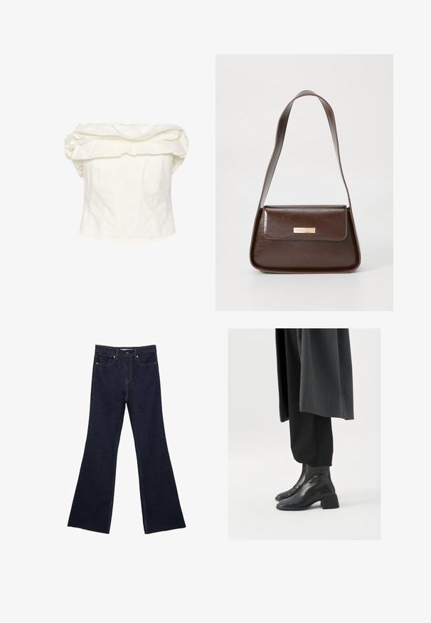Vit off-shoulder blus med stor volangkrage, figurnära midja och vertikala sömmar. Gjord av ett mjukt tyg med en strukturerad siluett.; Mörkblå denim med utsvängda ben, som har en standard femfickdesign och synlig sömnad. Tyget har en slät yta med minimal blekning.; Svarta läderankelboots med fyrkantig tå och kraftig klack, bärs med lösa svarta byxor och en mörkgrå kappa. Slät yta.; Brun läderaxelväska med en strukturerad form, som har en magnetisk klaffstängning och en metallisk logotypdetalj på framsidan.
