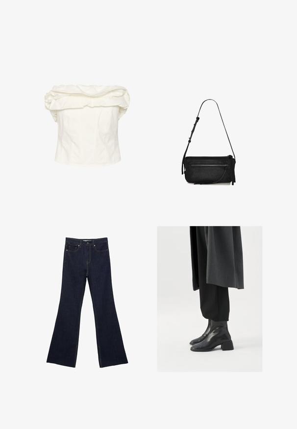 Biała bluzka z odkrytymi ramionami z dużym falbaniastym dekoltem, dopasowanym korpusem i pionowymi szwami. Wykonana z gładkiego materiału o sztywnej sylwetce.; Ciemnoniebieskie dżinsy w stylu dzwonów z klasycznym pięcioma kieszeniami i widocznym szwem. Tkanina ma gładką fakturę z minimalnym wyblaknięciem.; Czarne skórzane botki do kostek z kwadratowym noskiem i masywnym obcasem, noszone z luźnymi czarnymi spodniami i ciemnoszarym płaszczem. Gładka powierzchnia.; Czarna skórzana torebka na ramię z jedną regulowaną rączką, prostokątnym kształtem, przednią kieszenią na zamek oraz subtelnym teksturowanym wykończeniem.