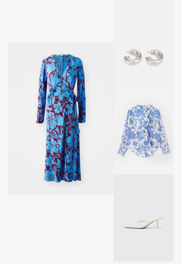 Camicia button-up a maniche lunghe in tessuto leggero con un motivo floreale blu su sfondo bianco, con colletto e polsini arricciati.; Abito avvolgente floreale blu con maniche lunghe, caratterizzato da uno sfondo bordeaux intenso e una cintura in vita. Tessuto morbido con una trama liscia.; Mule bianco a punta con tacco stiletto basso. Realizzato in materiale liscio con un design minimalista e dettagli delicati sulla suola colorato beige.; Orecchini a cerchio in tono argento con un design curvo e liscio, dotati di una superficie testurizzata e di un perno a vite per la chiusura.