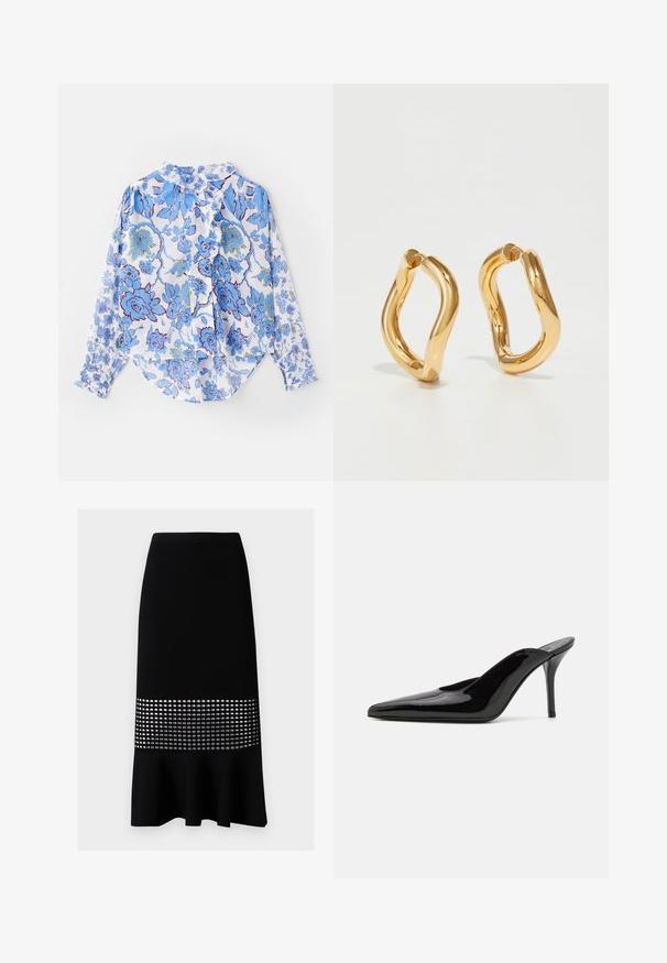 Long-sleeve button-up shirt in lightweight fabric featuring a blue floral pattern on a white background, with ruffled collar and cuffs.; Black ribbed knit pencil skirt with a flared bottom and a midsection of silver circular cutouts. Smooth texture, fitted design.; Black patent leather high-heeled mule with a pointed toe and a sleek silhouette, featuring an open back and a slender stiletto heel.; Gold-colored hoop earrings with a curved, irregular shape and a smooth, polished texture. No visible hardware or accents.