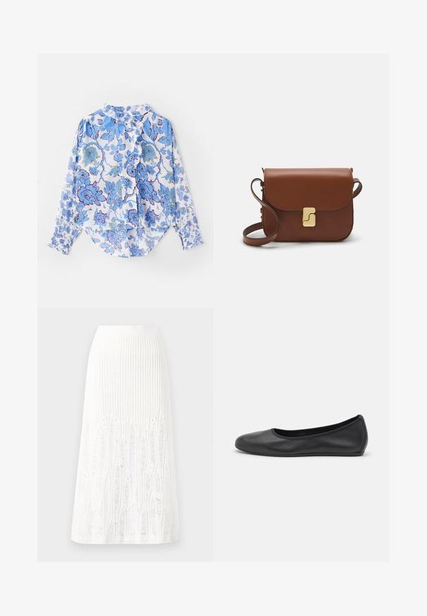 Long-sleeve button-up shirt in lightweight fabric featuring a blue floral pattern on a white background, with ruffled collar and cuffs.; Knit white midi skirt featuring a textured pattern with vertical lines and cut-out details near the hem. Elastic waistband. Soft material.; Black leather ballet flat with a rounded toe, smooth texture, minimal stitching detail, and a flexible sole design.; Brown leather handbag with a flap closure, gold-tone hardware, a shoulder strap, and a smooth texture. Compact rectangular shape.