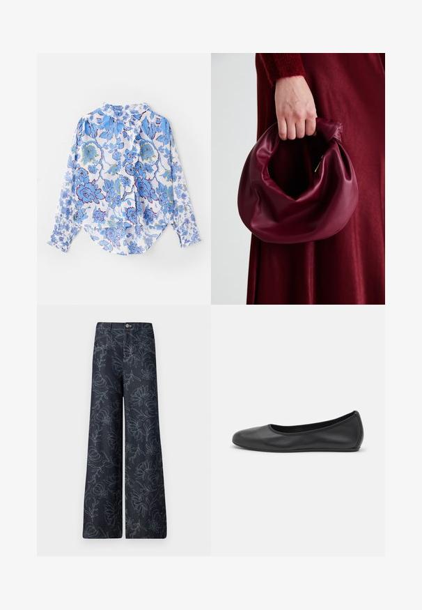 Lange mouw knoopshirt van lichtgewicht stof met een blauw bloemenpatroon op een witte achtergrond, met een gerimpelde kraag en manchetten.; Donkerdenim wijde broek met een geborduurd bloemenpatroon in lichtblauw. Klassiek vijf-pocket ontwerp met een sluiting met knoop aan de voorkant.; Zwarte leren ballerina met een ronde neus, gladde textuur, minimale stikdetails en een flexibele zoolontwerp.; Bordeaux leren handtas met een zacht, gegathered ontwerp en een ronde vorm. De handgreep is stevig bevestigd en toont een gladde textuur.
