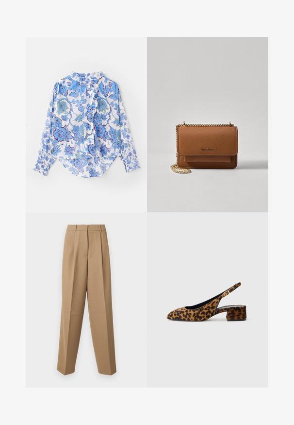 Lange mouw knoopshirt van lichtgewicht stof met een blauw bloemenpatroon op een witte achtergrond, met een gerimpelde kraag en manchetten.; Beige op maat gemaakte broek met een hoge taille, geplooide voorkant en wijde pijpen. De stof lijkt glad met een lichte glans.; Dames slingback schoen met luipaardprint, voorzien van een lage blokhak en een gouden gesp op de zijband, weergegeven in zijprofiel op een effen achtergrond.; Bruine lederen schoudertas met textuur, voorzien van een gouden kettingstrap en klepsluiting. De voorkant heeft een logo-detail en een zak onder de klep.