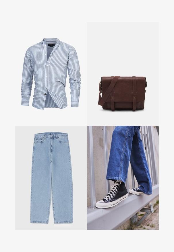 Jasnoniebieska koszula w paski, wykonana z materiału z pionowymi białymi pasami. Posiada kołnierz zapinany na guziki oraz długie rękawy z guzikami przy mankietach.; Biały bawełniany top na ramiączkach z okrągłym dekoltem, szerokimi ramiączkami i prostym dołem, charakteryzujący się gładką teksturą i brakiem widocznych wzorów.; Jasnoniebieskie dżinsy o prostym kroju nogawki, z średnim stanem, pięcioma kieszeniami oraz zapięciem na guzik i zamek błyskawiczny.; Czarne sneakersy za kostkę z białą podeszwą i sznurówkami, w połączeniu z luźnymi niebieskimi dżinsami, opierające się na szarym balustradzie.; Brązowa skórzana torba na ramię z płaskim klapem z przodu, dwoma paskami, złotymi akcentami oraz regulowanym paskiem na ramię.