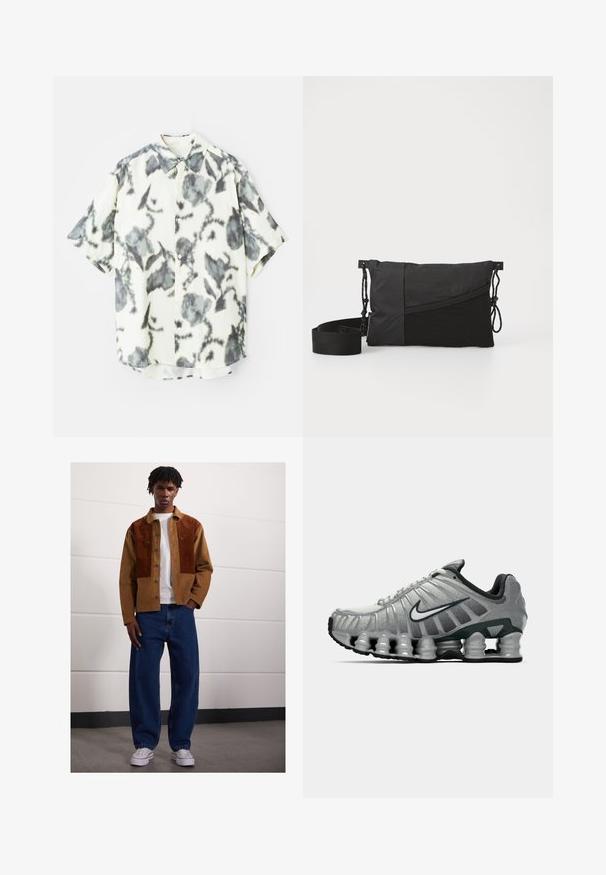 Košile s krátkým rukávem v krémové látce se šedým květinovým vzorem, s knoflíkovým zapínáním a klasickým límcem.; Bílý bavlněný top na ramínka s kulatým výstřihem, širokými ramínky a rovním lemem, s hladkou texturou a bez viditelných vzorů.; Muž stojící uvnitř, oblečený v hnědé kordové bundě se rezavými skvrnami, bílém tričku, volných modrých džínách a bílých teniskách.; Šedá a černá běžecká obuv Nike s viditelným odpružením podobným pružině pod podrážkou a bílým logem swoosh na boku.; Černá ramenní taška vyrobená z texturované tkaniny, s diagonálním designem, nastavitelným popruhem a stahovacími uzávěry po stranách.