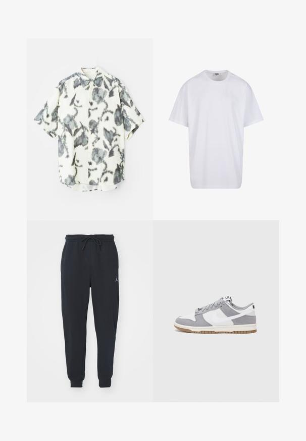 Chemise à manches courtes en tissu crème ornée d'un motif floral gris, avec un devant à boutons et un col classique.; T-shirt en coton blanc avec des manches courtes, un col rond, une coupe décontractée et sans logos ni motifs visibles. Texture lisse et design minimaliste.; Pantalons de jogging noirs en tissu doux, dotés d'une taille élastique avec un cordon de serrage, de poignets côtelés et d'un petit logo sur la cuisse gauche.; Les baskets Nike présentent une tige en daim gris et cuir blanc avec des perforations, des lacets ronds et une semelle en gomme pour une meilleure adhérence.