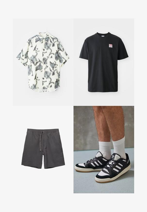 Kurzarmhemd aus cremefarbenem Stoff mit einem grauen Blumenmuster, mit Knopfleiste und klassischem Kragen.; Schwarzes Baumwoll-T-Shirt mit Rundhalsausschnitt, kurzen Ärmeln und einem kleinen farbigen Etikett auf der linken Brust, das das Wort "SUPERIOR" zeigt.; Graue Baumwollshorts mit einem elastischen Taillenbund, verstellbarem Kordelzug, seitlichen Taschen und einem lockeren Schnitt. Glatte Textur und knielanges Design.; Schwarz-weiße Sneaker mit einem Obermaterial aus Wildleder und Leder, ausgestattet mit drei weißen Streifen, einer perforierten Zehenpartie und einer Sohle aus Gummi.