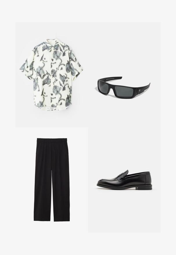 Lühikeste varrukatega särk kreemjas kangas, millel on hall lilleline muster, nööpidega ees ja klassikaline kaelus.; Mustad laiad püksid pleediga esiosas, küljetaskud ja sile kangas. Disainitud mugavaks istuvuseks.; Mustad mustad nahast loafers sileda tekstuuriga, ümarat ninaosa ja dekoratiivne riba vampi üle. Madal kihiline konts, minimalistlik disain.; Mustad prillid, millel on ristkülikukujuline raam, tumedad hallid objektiivid ja sile plastikviimistlus. Märkimisväärne logo aktsent küljel.