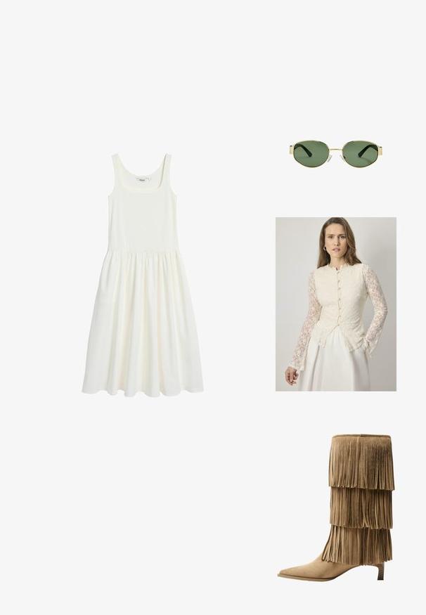 Cremefarbenes Spitze-Bluse mit langen, durchsichtigen Spitzenärmeln, runder Halsauschnitt und Knopfdetails an der Vorderseite. Ausgestellte Silhouette.; Weißes ärmelloses Kleid aus weichem, leichtem Stoff. Es hat einen quadratischen Ausschnitt und einen gefältelten Rock, der eine lockere Passform bietet.; Fransen-Stiefelette aus taupefarbenem Wildleder mit drei Lagen Fransen. Spitz zulaufende Zehenpartie und ein niedriger Blockabsatz. Durchgehend glatte Oberfläche.; Sonnenbrille mit goldfarbenem Metallrahmen, grünen getönten Gläsern, ovaler Form, schwarzen Bügeln und klaren Nasenpads. Sauberes, minimalistisches Design.