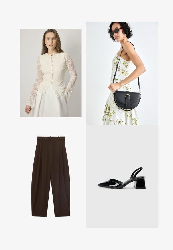Krémová čipková blúzka s dlhými, priesvitnými čipkovými rukávmi, okrúhlym výstrihom a detailmi so zapínaním po prednej strane. Rozšírený strih.; Hnedé nohavice s vysokým pásom a skladaním, vyrobené z hladkej tkaniny. Voľný strih, rovný strih nohavíc, s pútkami na opasok a so zipsom.; Čierne lakované kožené sandálové podpätky s špicatou špičkou a geometrickým blokovým podpätkom. Disponujú elegantným, minimalistickým dizajnom a hladkým povrchom.; Čierna kožená kabelka s zaobleným tvarom, odnímateľným popruhom a zlatými doplnkami. Kabelka má klopu s detailom s prackou.