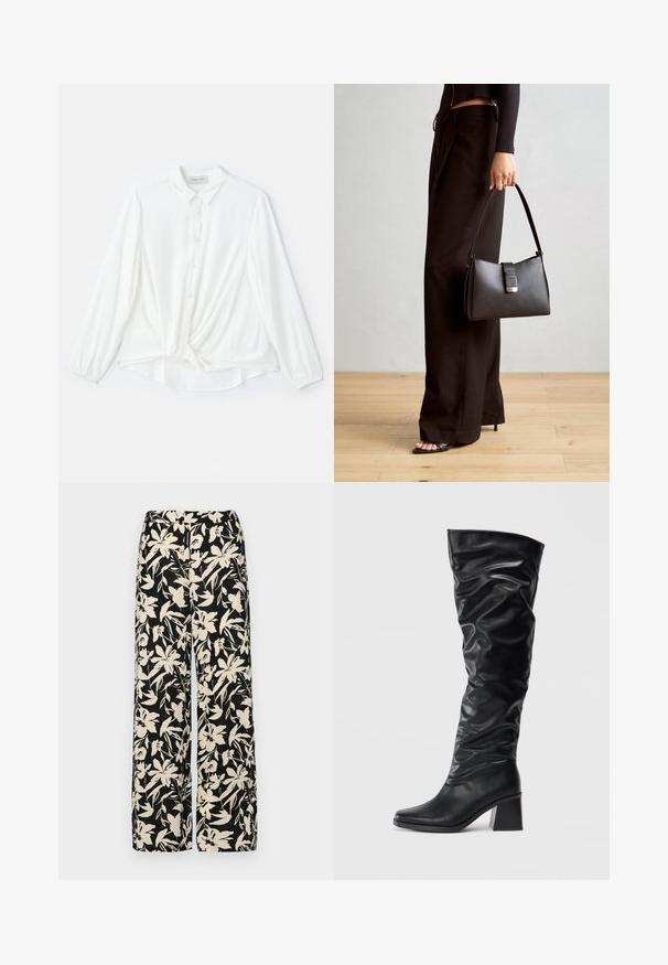 Blusa blanca de manga larga con cuello, frente de botones y detalle anudado en la cintura. Fabricada con una tela suave y ligera.; Pantalones de pierna ancha negros con un patrón floral crema. Fabricados en un tejido ligero, con una textura suave y una cintura alta.; Botas negras hasta la rodilla hechas de cuero brillante con un diseño arrugado, puntera afilada y un tacón grueso. Textura suave con un brillo sutil.; Bolso negro con forma estructurada, textura suave y un cierre metálico. Combinado con pantalones anchos negros y sandalias de dedo en un suelo de madera.