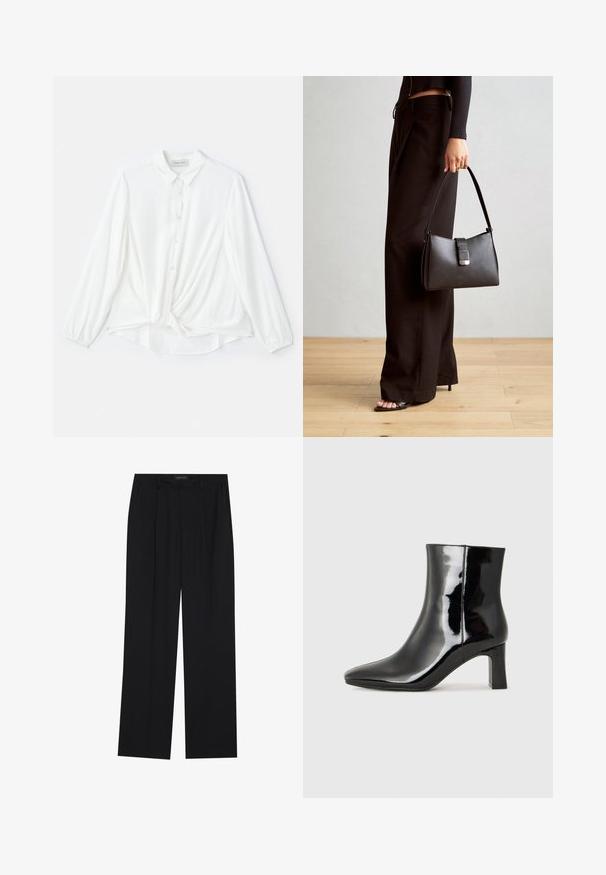Biała bluzka z długim rękawem z kołnierzykiem, zapinana na guziki, z przewiązanym detalem w talii. Wykonana z gładkiego, lekkiego materiału.; Czarne spodnie o prostym kroju nogawek, z dwoma przednimi kieszeniami i paskiem w talii. Wykonane z gładkiego, lekkiego materiału.; Czarne lakierowane botki za kostkę z wysmukłym noskiem i średniej wysokości obcasem w kształcie słupka. Gładka tekstura i minimalistyczny design.; Czarna torebka o usztywnionym kształcie, gładkiej fakturze i metalowym zapięciem. Połączona z szerokimi czarnymi spodniami i sandałami na otwartym palcu na drewnianej podłodze.